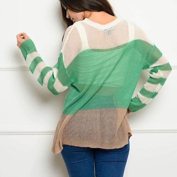 NEW! Semi Sheer Acrylic Long Sleeve Color Block Sweater Green Stripe Tunic Boho - Picture 3 of 3